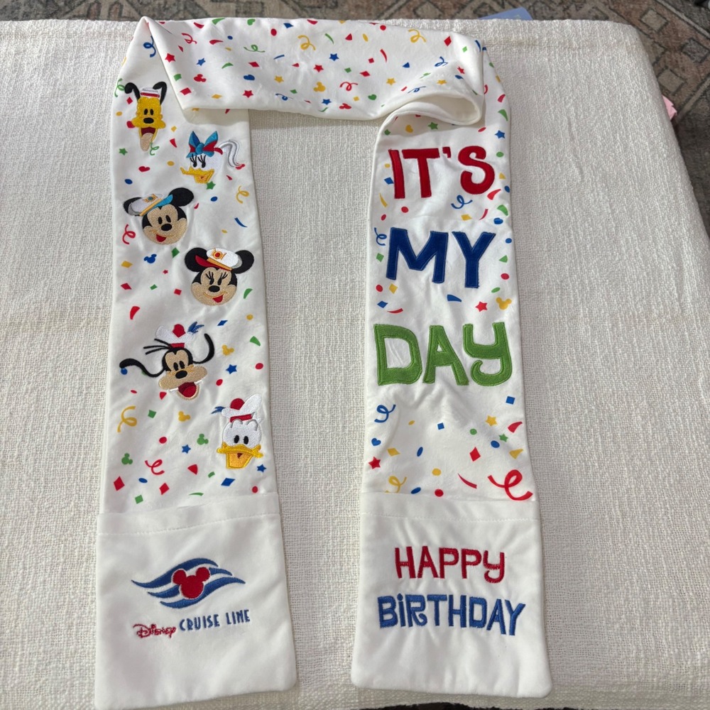 Disney Cruise Line Happy Birthday Scarf Mickey Minnie Pluto Embroidered Pockets